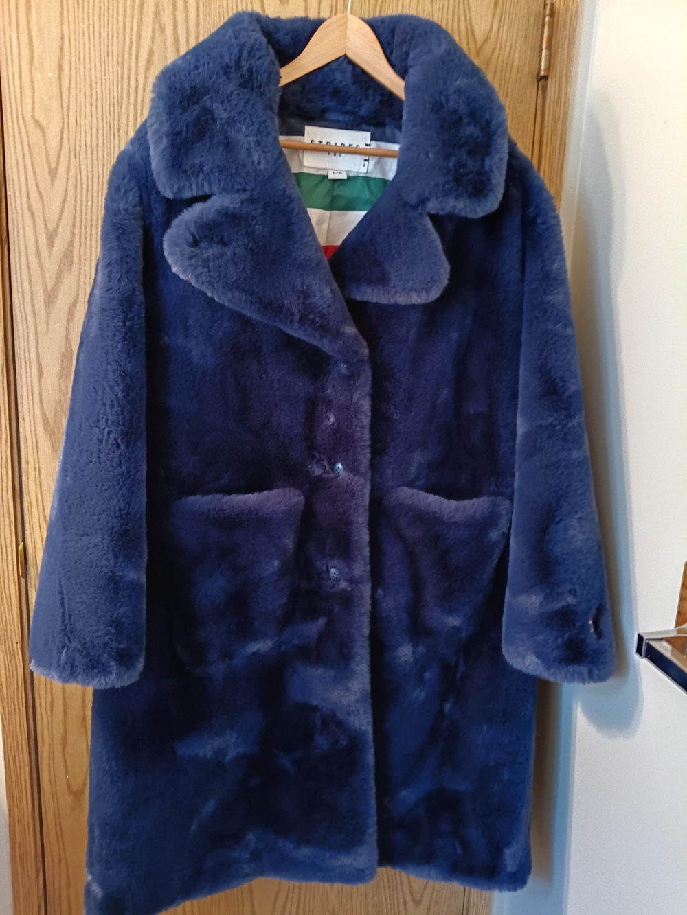 Hudson Bay Striped Faux Fur Long Coat - Navy Blue